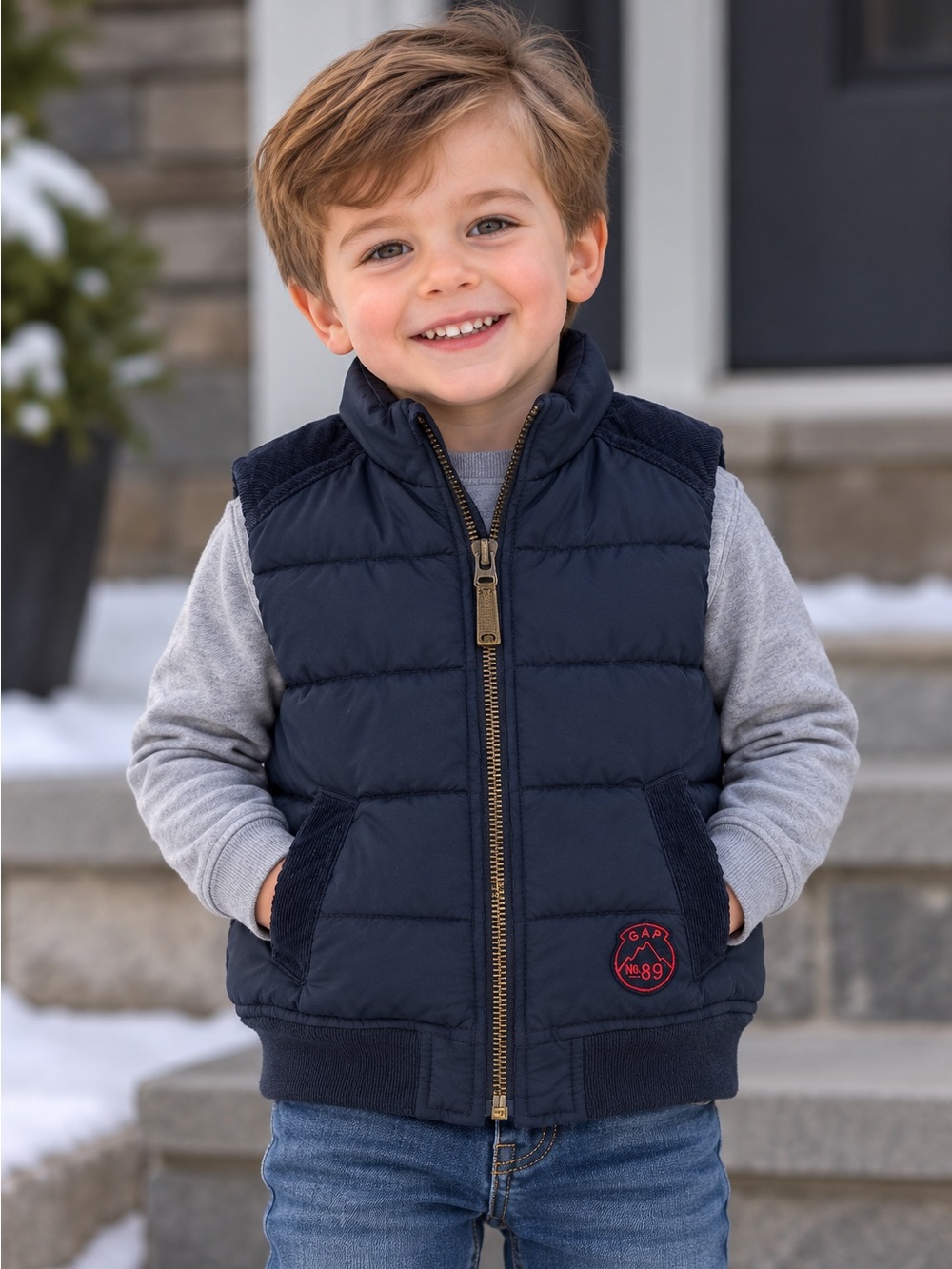 babyGap Boys Navy Puffer Vest | 3T | Corduroy Trim | Excellent Condition